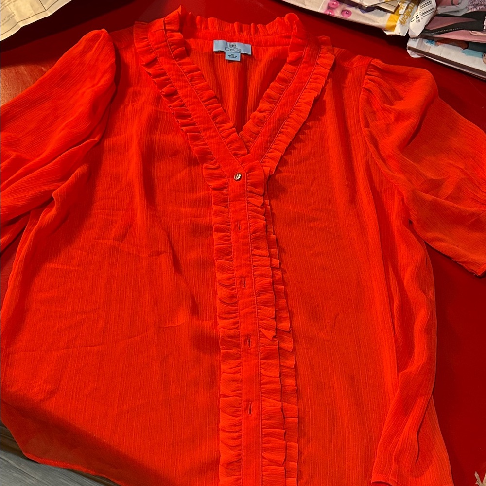 CeCe Bright Orange Ruffled Blouse - Picture 2 of 5